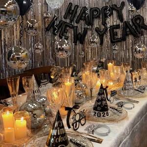 lot 32372 image: New Years Eve Party Supplies - New Years Decorations 2026 - Sets With Happy New Year Balloons,Disco Balls, Hats, Headbands, Glasses,Noise Makers,Fringe Curtains - Nye Decor Backdrop Accessories - Retail $32