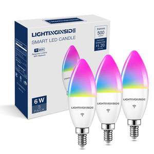 lot 32373 image: Lightinginside E12 Smart Light Bulbs 60W Equiv., 500LM 6W RGBCW Candelabra Chandelier Candle Bulb Works with AlexaGoogle HomeSmart Life, 2.4G WiFi Bluetooth Bulbs, No Hub Required, ETL Listed, 3PCS - Retail $30