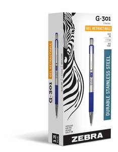 lot 32389 image: Zebra Pen G-301 Retractable Gel Pen, 0.7mm Medium Point, Stainless Steel Barrel, Textured Grip, Easy Glide Ink Provides a Smooth and Skipless Writing Experience, Blue Ink,  (41320) - Retail $27