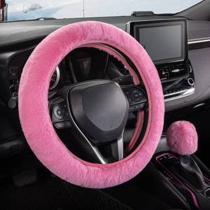 lot 32395 image: SEG Direct Furry Car Steering Wheel Cover with Fluffy Gear Shift Cover Soft Warm Non-Slip Car Decoration for Women Girls 2 PCS Set, Pink - Retail $9