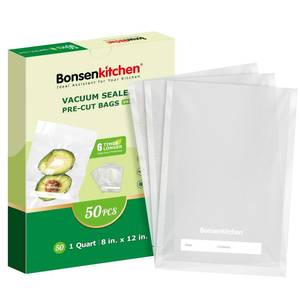 lot 44123 image: Bonsenkitchen Vacuum Sealer Bags, 50 Quart 8 x 12 Precut Food Sealer Bags, Commercial Grade, BPA Free, Heavy Duty, Customized Size Vacuum Bags for Vac Storage, Meal Prep or Sous Vide Cooking, VB12 - Retail $9