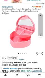 lot 44127 image: Heart Shaped Pink Jewelry Storage Box with Mirror - Retail $8