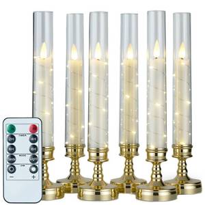lot 48949 image: Prerish 6 PCS Flameless Candles with Timer, Flickering Flameless LED Pillar Candles for Romantic Ambiance with Embedded Star String, Acrylic Battery Perated Fake Candles for Home Decoration (Gold) - Retail $25
