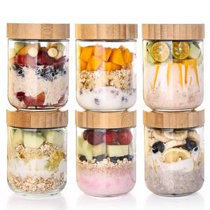 lot 48952 image: Liuruiyu 6-Pack Overnight Oats Containers with Bamboo Airtight Lids, 16oz Wide Mouth Mason Salad jars, Glass Food Storage Containers for Snacks Sugar Spice Yogurt - Retail $14