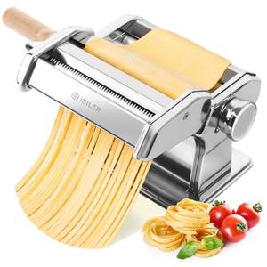 lot 48953 image: ISILER Pasta Maker, 9 Adjustable Thickness Settings 2-in-1 Pasta Machine with Rollers and Cutter, Noodle Maker for Pasta, Dumpling Skin, Spaghetti, Fettuccini, Lasagna - Retail $30