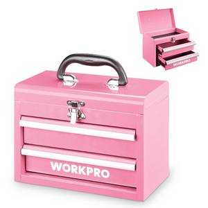 lot 48962 image: WORKPRO Portable Mini Tool Box, 2 Drawers Metal Tool Chest with Ball Bearing Slides, Top Storage with Latch, Ergonomic Carrying Handle, Toolbox with PVC Liners and PP Feet Pads - Pink Ribbon - Retail $50