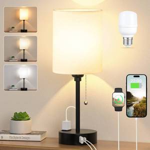 lot 48967 image: Small Bedside Table lamp for Bedroom - 3 Color Temperatures Bedside Lamps with USB C and A Ports, Pull Chain Table Lamps with AC Outlet, White Nightstand Lamps with Black Metal Base for Kids Reading - Retail $24