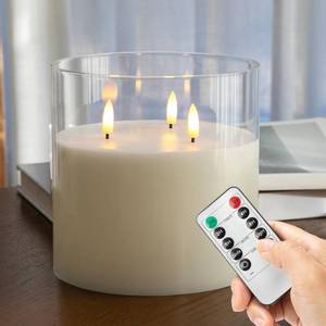lot 48968 image: AFINETH Extra Large Flameless Candles with 3 Wicks, 6x6 Glass Battery Operated Candles with Remote, Real Wax Flickering LED Candles Fake Candle for Home, Wedding, Party, Clear - Retail $28