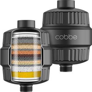 lot 48969 image: Cobbe HD HEAVY DUTY High Output Shower Filter 2 Pack 99% REMOVAL Shower Head Filter for Hard Water, Heavy Metals, Chlorine and Harmful Substance, Improve your skin and hair - Black - Retail $40