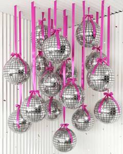lot 48984 image: Jenaai 30 Set Round Foil Balloons Bulk 22 Inch 4d Metallic Giant Balloons Set with Satin Bows Ribbon for Ceiling Holiday Ornaments New Year Birthday Wedding Party Decoration(Disco) - Retail $30