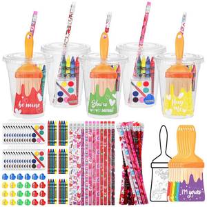 lot 48986 image: Fovths 24 Sets Valentines Day Gifts, Valentines Cards Mini Watercolor Paint Set with Crayons Pencils Plastic Cups Fun DIY Crafts Valentine Exchange Party Favors for School Classroom