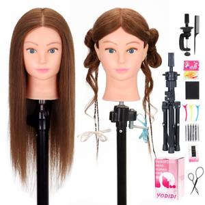 lot 48991 image: Mannequin Head Human Hair with Tripod Stand 22-24 Female 100% Human Hair Mannequin Head Hair Styling Cosmetology Manikin Head Doll Head for Hairdresser with Clamp Holder and Tools (#4 Set) - Retail $37