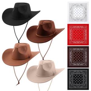 lot 48992 image: Velmitten Western Cowboy Hat for Men and Women, 4 Pack with Silk Hair Scarfs, Wide Brim Cowboy Hat, Unisex, Outdoor Activities Accessory, One Size, Black, Khaki, Coffee, Beige, Red, White - Retail $42
