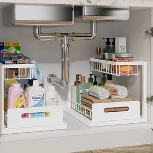 lot 48997 image: REALINN Under Sink Organizer, Pull Out Cabinet Organizer, 2 Tier Metal Slide Out Shelf with L Shaped Design, Under Cabinet Storage for Kitchen, Bathroom, Laundry, Deep Cabinet Shelf Storage, White - Retail $42
