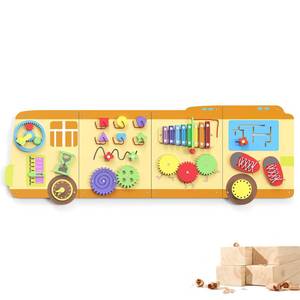 lot 62605 image: BlueWood Wooden Wall Busy Board Panels, Toddler Learning Activity Center, Montessori Philosophy Sensory, Educational Toys, Conducive to All-Round Development - School Bus - Retail $60