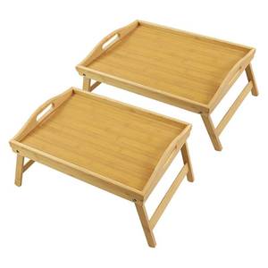 lot 62609 image: WKWKER Bamboo Bed Tray Table with Folding Legs Set of 2 Foldable Breakfast Tray Portable Serving Table Laptop Snack Drawing Breakfast Trays for Bed (Set of 2) one opened other is factory sealed.  - Retail $30