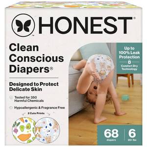 lot 62614 image: The Honest Company Comfort Dry Disposable Diapers for Sensitive Skin, Hypoallergenic, Fragrance-Free, So Delish  Its a Pawty, Super Club Box, Size 6 (35 lbs), 68 Count - Retail $51
