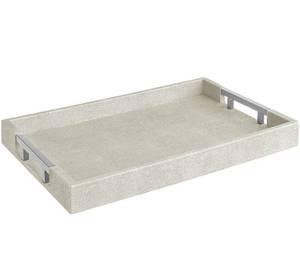lot 62615 image: Modern Elegant 17.5x12 Rectangle Natural Ivory Beige Faux Leather Shagreen Decorative Tray Ottoman Coffee Table Perfume Vanity Kitchen Serving Tray with Silver Metal Handles by Home Redefined. - Retail $25