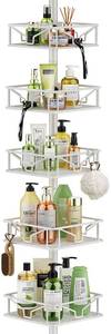 lot 62619 image: Skycarper 5 Tier Adjustable Corner Shower Caddy Organizer with Hooks,Rustproof Tension Pole 62-116 Inch,White - Retail $40