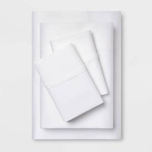 lot 9554 image: Queen Solid Performance 400 Thread Count Sheet Set White - Threshold Cotton Sateen, OEKO-TEX Certified, 4-Piece - Retail $65