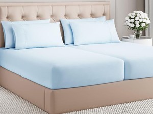 lot 9538 image: Hotel Signature Sateen 809 Thread Count Split King Fitted Sheets(x2) and Flat Sheet Light Blue