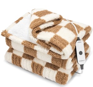 lot 9544 image: Sunbeam 50x60 Electric Throw Nordic Faux Shearling with Foot Pocket Heated Blanket Clay Checkerboard - Retail $74