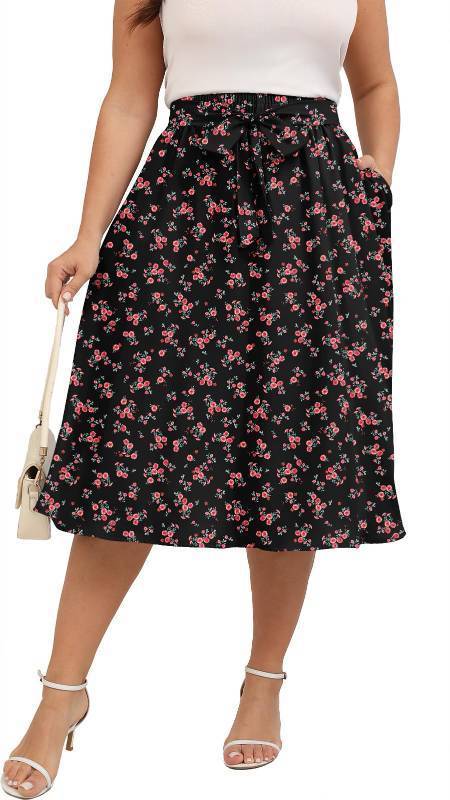 lot 5813 image: Xpenyo Womens Plus Size Midi Skirts Elastic High Waisted Casual Bohemian Beach Skirts with Pockets Black Red Flower XL