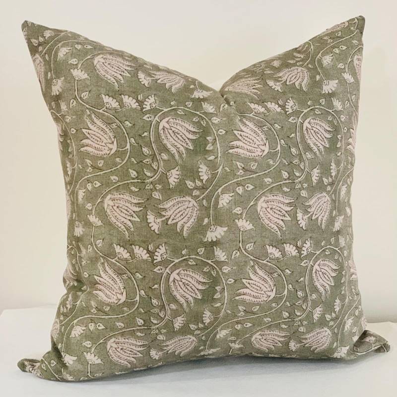 lot 5829 image: Duzziyyaa Sage Green Floral Pillow Covers 20x20,Farmhouse Vintage Block Print Pillow Cover, Decorative Pillow Covers Couch Pillows for Living Room Accent Sofa Pillows(Sage Green