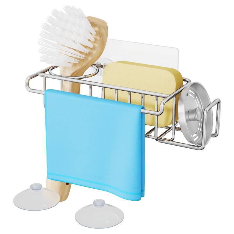 lot 5864 image: HapiRm 4 in 1 Sink Caddy Sponge Holder, SUS304 Stainless Steel Kitchen Brush Holder  Dish Cloth Hanger  Soap Rack  Sink Stopper Rack  Sponge Caddy for Kitchen - Silver