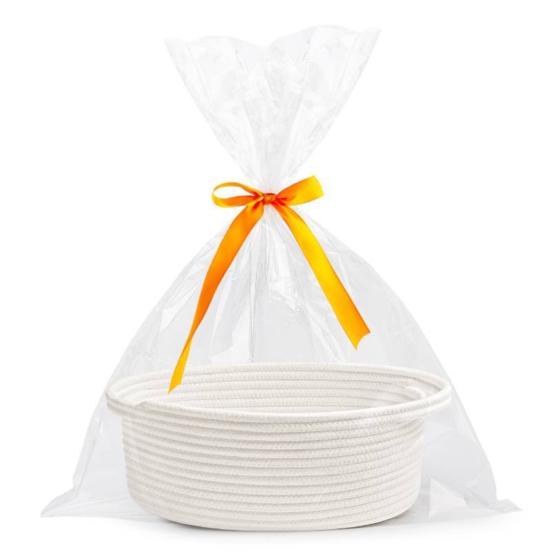 lot 7021 image: Pro Goleem Small Woven Easter Basket with Gift Bags and Ribbons Durable Burr Baskets for Gifts Empty Small Rope Basket for Storage 12X 8 X 5 Baby Toy Baskets with Handles, White