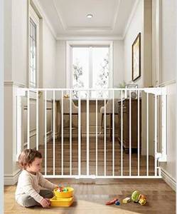 lot 3568 image: Cumbor Expandable 31.6-48 Baby Gate for Stairs, Hardware Mounted, 2-in-1 No Bottom Bar Dog Gate Indoor, Auto Close Pet Gate for Doorways with Large Walk Thru Door, Child-Proof Gate for Kids (White)