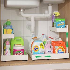 lot 3575 image: REALINN Under Sink Organizer Pull Out, L-Shaped 2 Tier Cabinet Organizer with Adjustable Width & 6-Level Height, Metal Under Sink Storage for Kitchen Sink, Bathroom Vanity, Laundry Cabinet, White