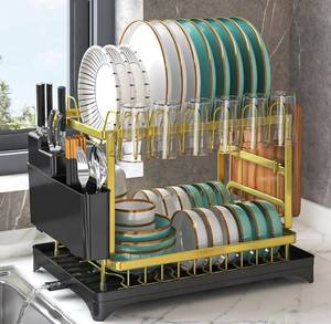 lot 3589 image: Dish Drying Rack Gold, Multifunctional Dish Racks for Kitchen Counter with Drainboard 2 Tier Dish Drainer Large Capacity for KnifesCupCutting Board