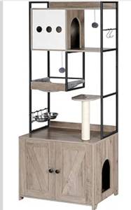lot 3595 image: HOOBRO Cat Tree with Litter Box Enclosure, 58.7 H Cat Tower with Hidden Litter Box Furniture, with Scratching Post, Step, Hammock, Multifunctional Pet Furniture with Food Bowls, Greige BG30MZ03G1