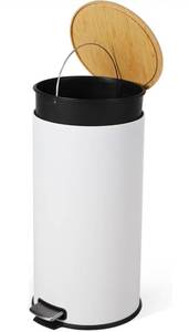 lot 3596 image: StoreGarvee 8 Gallon (30L) Step Trash Can with Soft-Close Bamboo Lid Fingerprint-Resistant Stainless Steel, Removable Inner Bucket, Slim Round Indoor Garbage Bin for Kitchen, Bathroom White