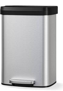 lot 3598 image: Garvee 13 gal  50 L Stainless Steel Trash Can with Lid, Large Garbage Can for Kitchen, Rustproof Step-on Kitchen Metal Trash Bin with Liner Rim, Rear Handle, Soft Close Plastic Lid, Silver