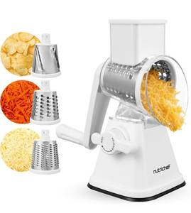 lot 3622 image: NutriChef 3 in 1 Cheese Grater & Shredder  Strong Suction Base, Rotary Handle with Safety Lock  Includes Hand Crank & 3 Drum Blades for 3 Textures, Fine, Medium & Strips  White