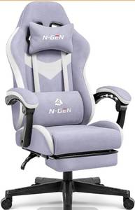 lot 3626 image: N-GEN GAMING Video Gaming Chair with Footrest Lumbar Support for Home Office High Back Recliner Height Adjustable Ergonomic Comfy Fabric Computer Desk Chair (Purple)