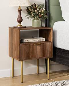 lot 3637 image: AEPOALUA Nightstand,Small Bedside Table with Gold Frame,Walnut Night Stand,Bedside Furniture,Side Table with Drawer and Shelf for Bedroom,Living Room (1Drawer, Walnut)