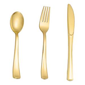 lot 3638 image: N9R 500PCS Gold Plastic Silverware - Gold Plastic Cutlery Set Disposable Flatware Dinnerware -200 Forks, 150 Spoons, 150 Knives for Party, Birthday, Wedding Utensils