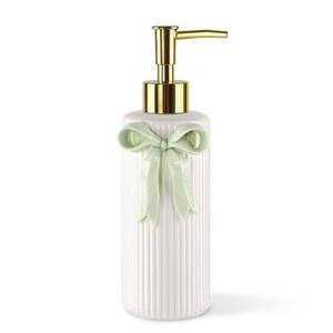 lot 3652 image: NEWHENGS Handmade Ceramic Bow Soap Pump Dispenser Hand Lotion Liquid Dispenser Refillable for Kitchen and Bathroom Decorative (Ribbon Green)