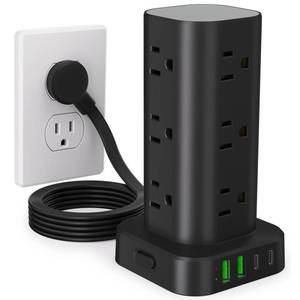 lot 3680 image: Power Strip Tower with Multiple Outlets, Flat Plug Surge Protector Tower Extension Cord with 12 AC Outlets 4 USB Ports (2 USB C), 6FT Cord Power Tower Surge Protector for Home Office Dorm Room, Black