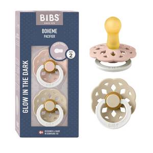 lot 3683 image: BIBS Boheme Glow in The Dark Soother 2-Pack. BPA Free. Round Latex, Size 2 (6-18 Months), Blush GlowVanilla Glow