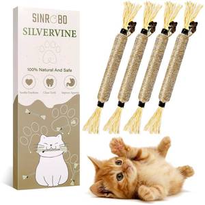 lot 3690 image: SINROBO 4 Pack Silvervine Sticks for Cats - Cat Chew Toy for Teeth Cleaning, Edible Matatabi Kitty Chew Sticks, Catnip Cat Toys for Indoor Cats (4 Sticks)