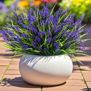 lot 3702 image: Geegoods Artificial Plants Flowers Outdoor 24 Bundles UV Resistant Faux Lavender Flowers with Monkey Grass for Garden Porch Window Patio Hanging Planter Decor