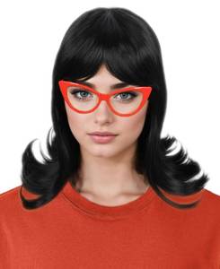 lot 3717 image: Codeven Short Black Flip Bob Wigs Halloween Costume Cosplay Wig for Women with Red Glasses Frame