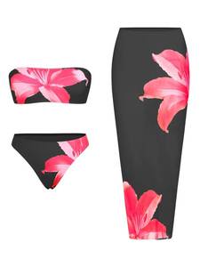 lot 3725 image: ZAFUL Womens 3pcs Bikini Swimsuits Bandeau 3 Piece Swimwear High Cut Bikini Sets with Long Sheer Coverup Dress 1-Floral Black M