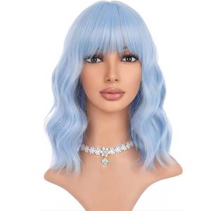 lot 3728 image: WTHCOS Light Blue Wig Short Bob Wig Short Blue Wigs for Women Curly Wavy Wig with Air Bangs Heat Resistant Synthetic Hair Wigs for Daily Use Cosplay Wig With Wig Cap