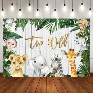 lot 3730 image: OFILA 8x6ft Two Wild Theme Birthday Party Backdrop Rustic Wooden Jungle Safari Animals Green Forest Palm Tree Leaves Background Kids Boys 2nd Birthday Party Dessert Table Decoration Banner Supplies