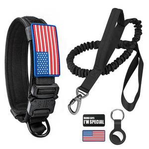 lot 3731 image: Tactical Dog Collar and Bungee Leash,Military Dog Collar & Leash Set with USA American Flag Adjustable K9 Collar with Heavy Duty Metal Buckle & Handle,with Patches and Airtags Case(XL, Black)